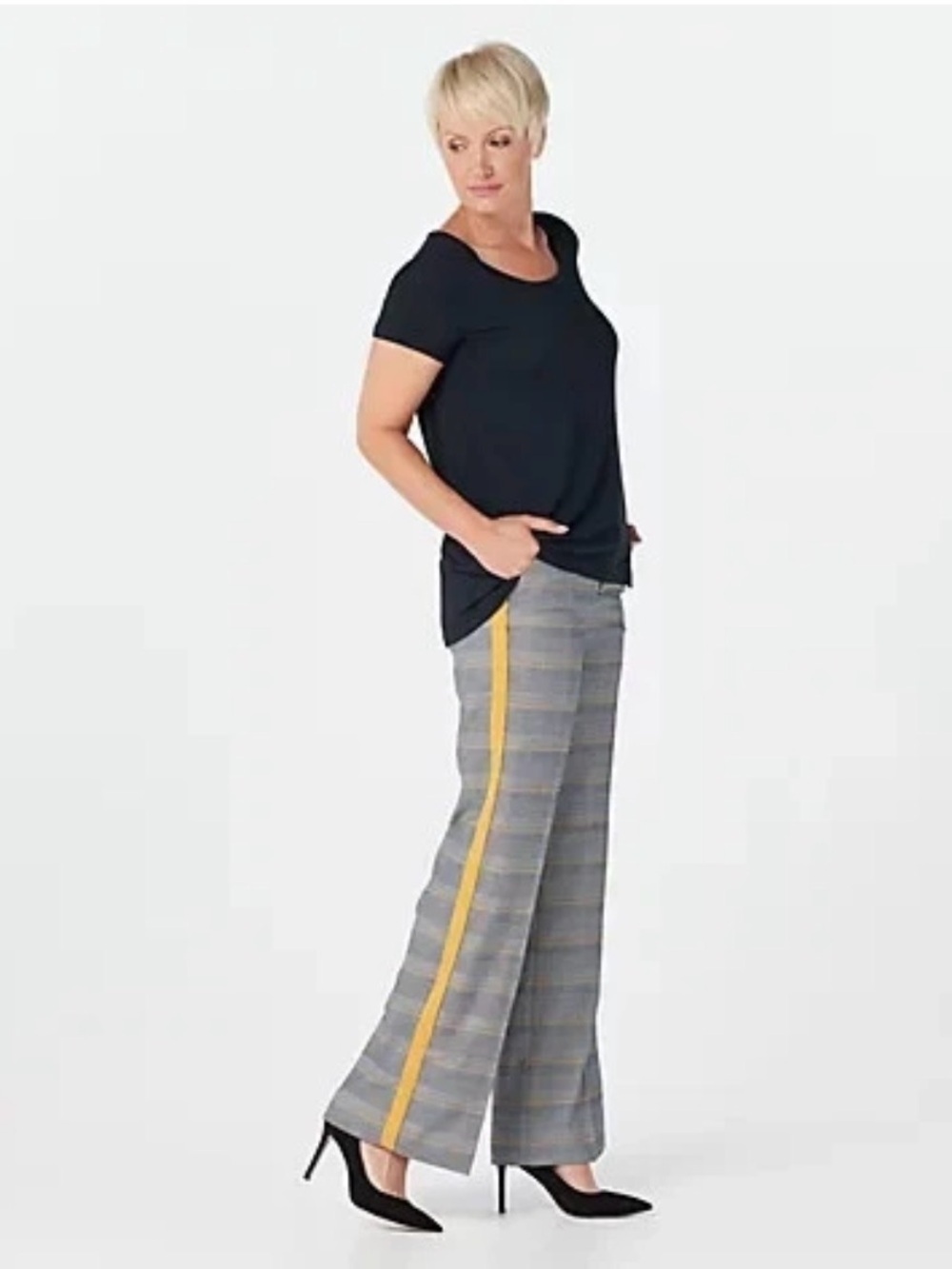 G.I.L.I. Wide-Leg Plaid Pants with Stripe Detail Navy Gold Size 8P